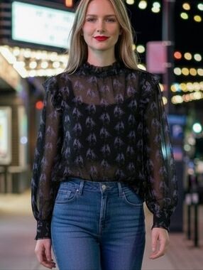 Ted Baker London Lovebirds Sheer Blouse Sz M LS Forest Fairy Romantic